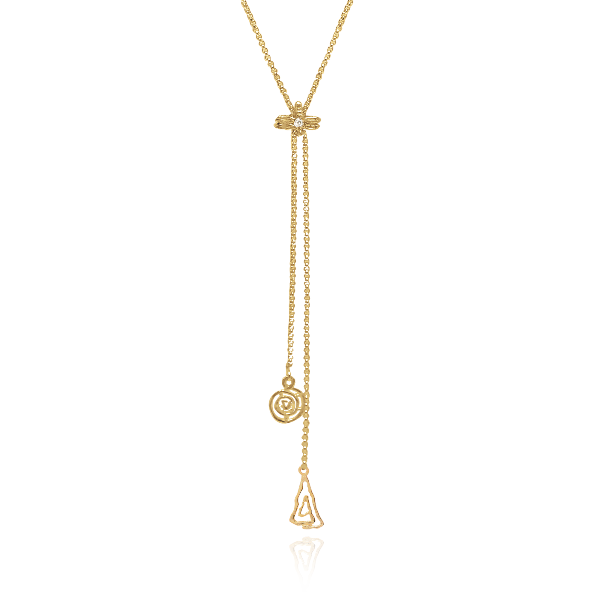 Marilisi artisan fine jewelry Yellow Gold Necklace Dragonfly charm front close up