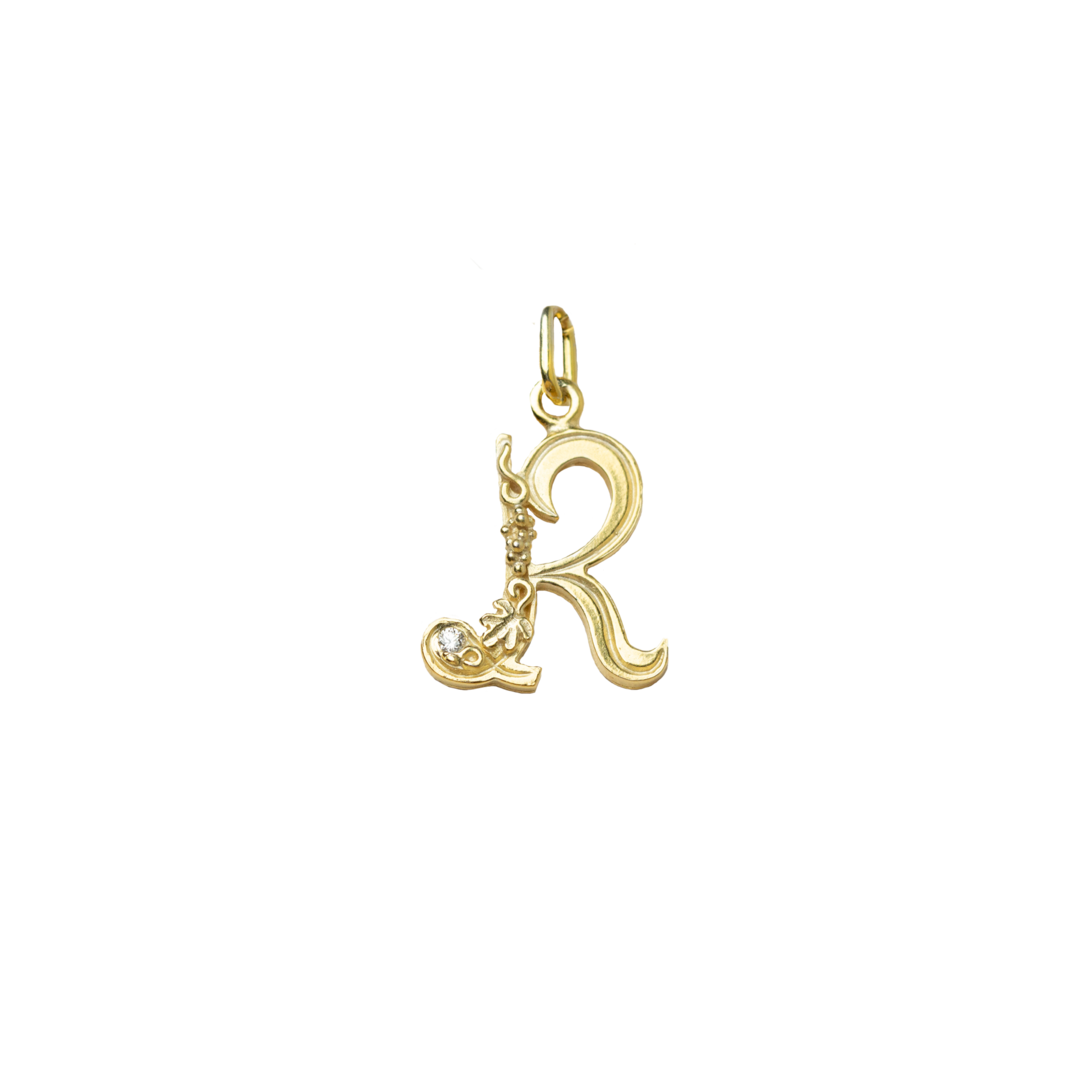 Gold initial R with Diamond Pendant Marilisi Front