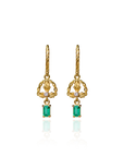 Gold and emerald earrings crafted by Marilisi's artisans feature intricate grapevine motif, celebrating Georgia and its antique goldsmithing techniques