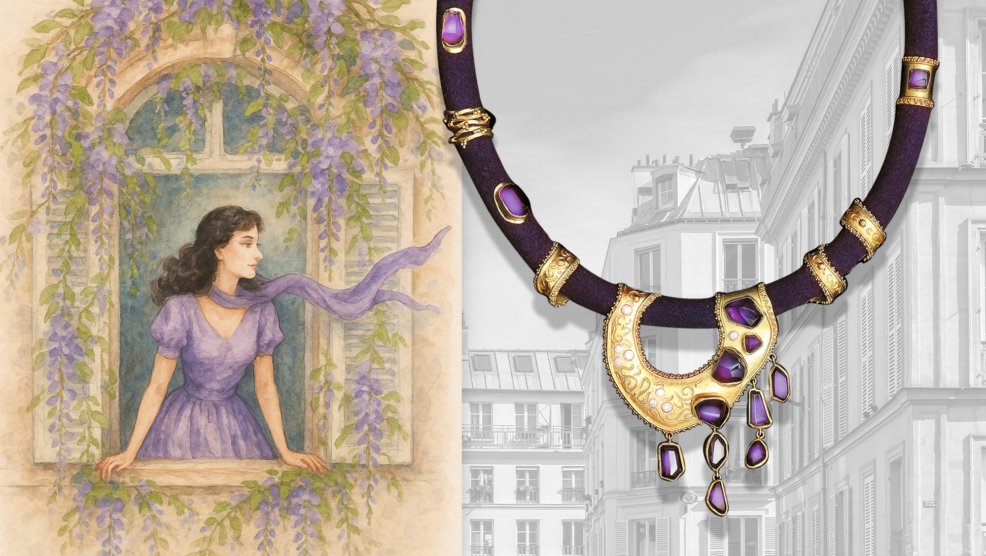 Sketch of the woman in purple scarf reminiscent of the high jewelry with amethysts and diamonds