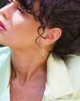 Beautiful Brunette Model wearing Marilisi Emerald Earrings Assymetry