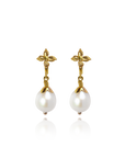 Marilisi artisan fine jewelry White Pearl Yellow Gold Latch Back Earrings with floral design Mille Fleurs Front 