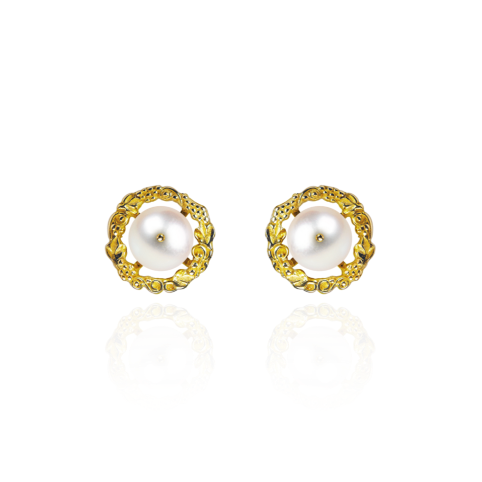 Marilisi artisan fine jewelry White Pearl Yellow Gold stud earrings pearls are set in gold frames front