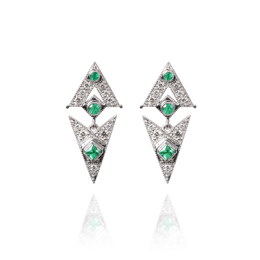 Marilisi artisan fine jewelry White gold diamonds green emerald symmetrical art deco Latch Back earrings front side Latch Back lock front