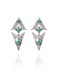 Marilisi artisan fine jewelry White gold diamonds green emerald symmetrical art deco Latch Back earrings front side Latch Back lock front