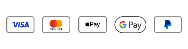 Logos of Visa, Mastercard, Apple Pay, Google Pay, and PayPal on a white background