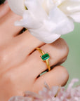 close up of the model wearing emerald ring solo by Marilisi Jewelry House handcrafted jewelry