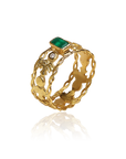 Artisan gold ring with vivid green emerald and diamond, featuring intricate grapevine leaf design by Marilisi Jewelry House