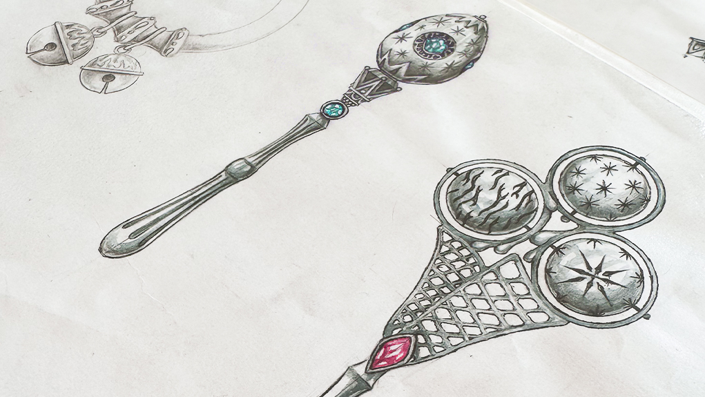 Sketch of Sterling silver rattle toys from Marilisi archives