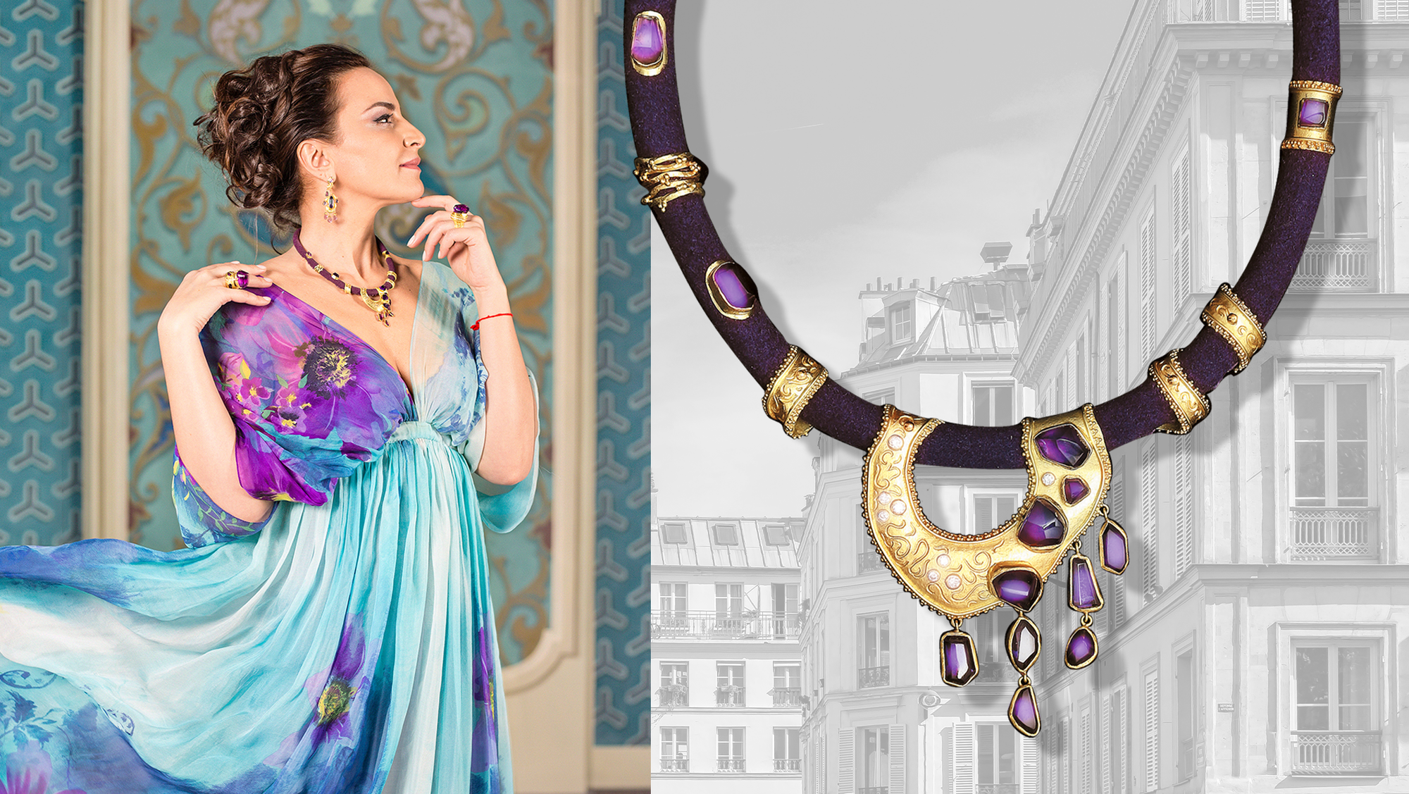 Woman in a colorful dress with a necklace, next to a close-up of a purple and gold necklace.
